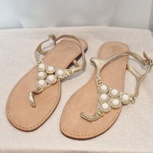 Lilly Pulitzer Gold Sandals White Bead And Rhinestone Embellishments  Size 8.5